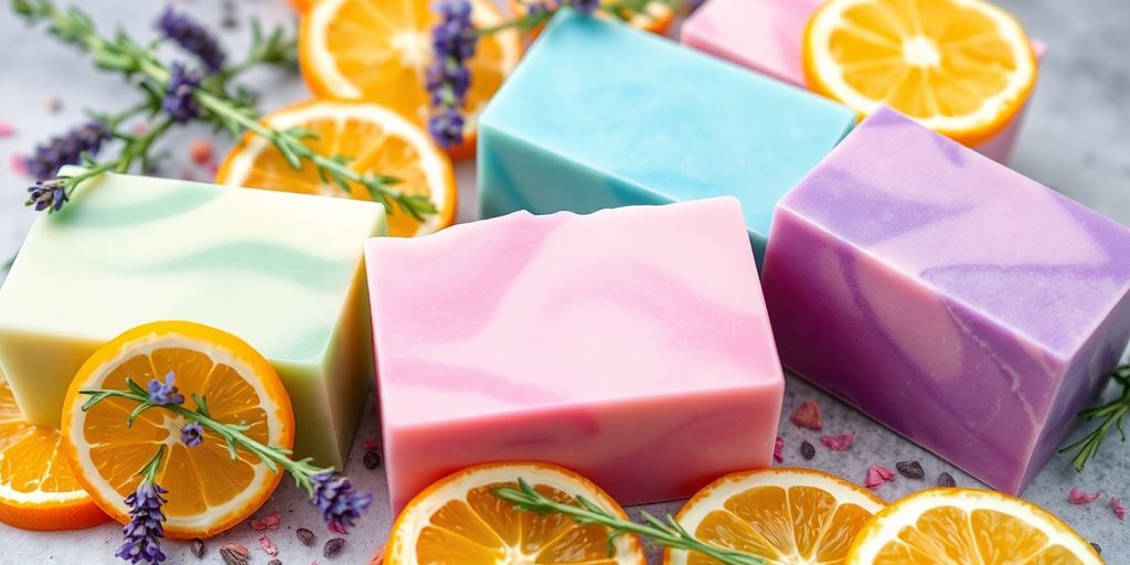 Colorful handcrafted soaps with natural ingredients on display.