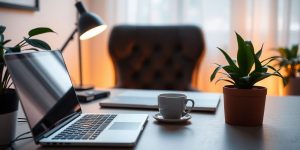 Cozy home office with laptop and coffee cup.