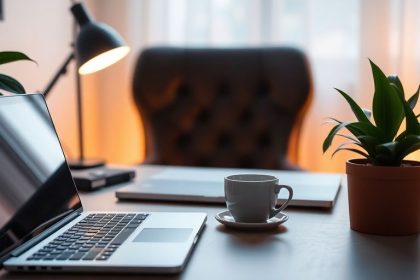 Cozy home office with laptop and coffee cup.