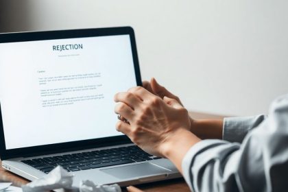 Person reviewing a rejection email on a laptop.