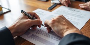 Hands completing legal documents for a name change.