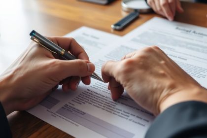 Hands completing legal documents for a name change.