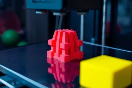 3D printer creating colorful objects on its print bed.