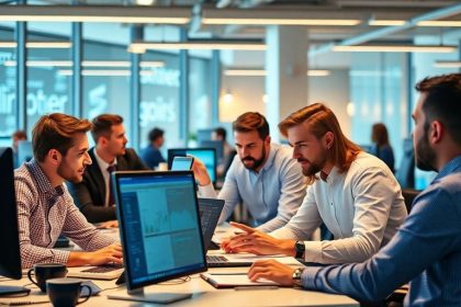 Professionals collaborating in a modern office setting.