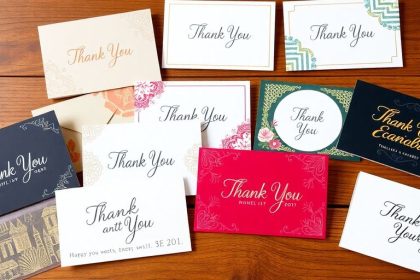 Colorful business thank you cards on a wooden table.