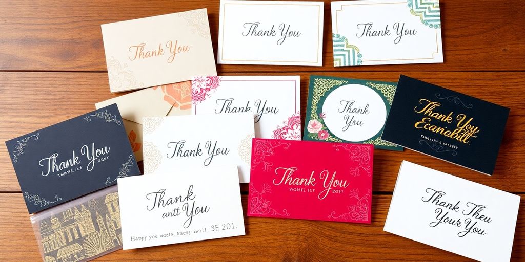 Colorful business thank you cards on a wooden table.