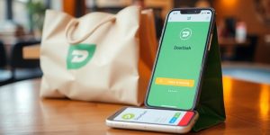 DoorDash delivery bag on a wooden table with smartphone.