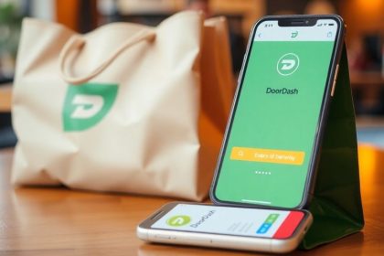 DoorDash delivery bag on a wooden table with smartphone.