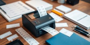 Modern label maker on a wooden desk with organized labels.