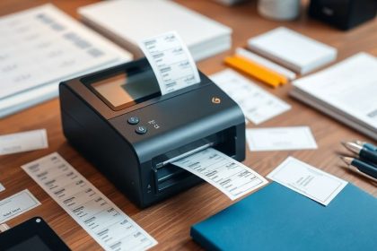 Modern label maker on a wooden desk with organized labels.