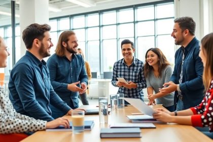 Diverse team collaborating in a bright office environment.