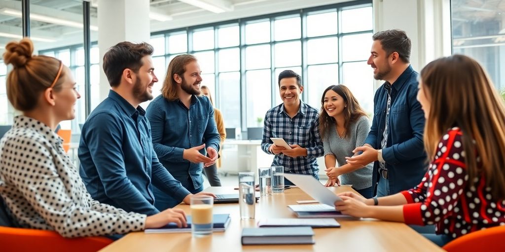 Diverse team collaborating in a bright office environment.