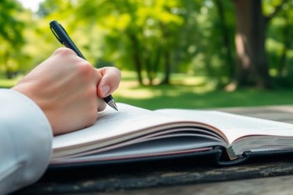 Person writing mission statement in a peaceful outdoor setting.