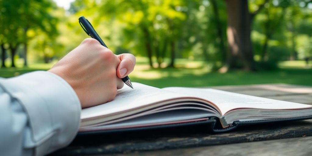 Person writing mission statement in a peaceful outdoor setting.