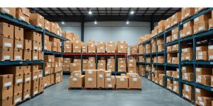 Organized warehouse with neatly stacked boxes for inventory.