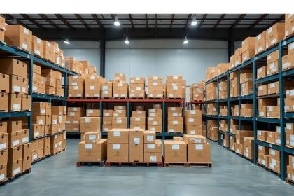 Organized warehouse with neatly stacked boxes for inventory.