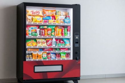 Colorful vending machine with snacks and drinks.