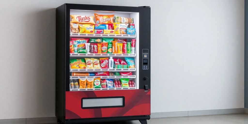 Colorful vending machine with snacks and drinks.