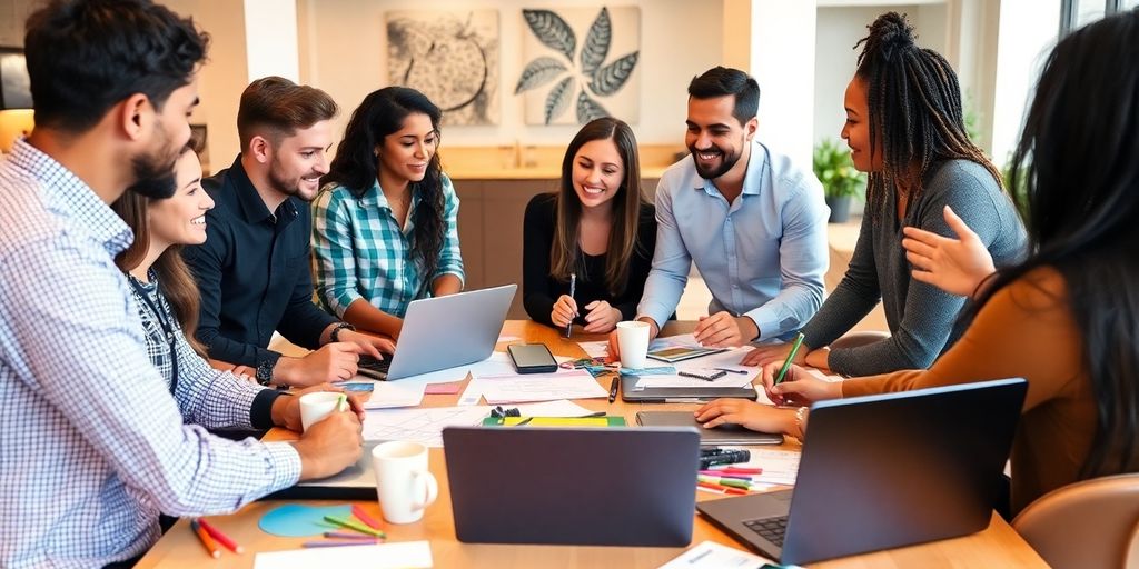 Group of entrepreneurs collaborating in a workspace.