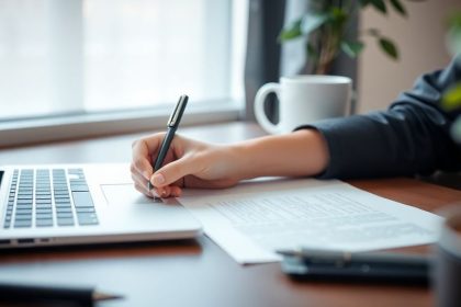 Person writing a resignation letter on a desk.