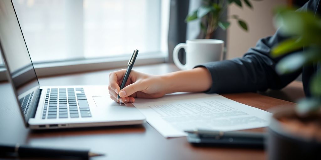 Person writing a resignation letter on a desk.