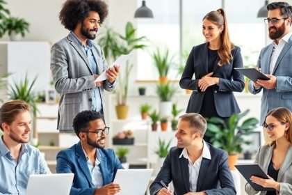 Collage of small business consultants working together in an office.