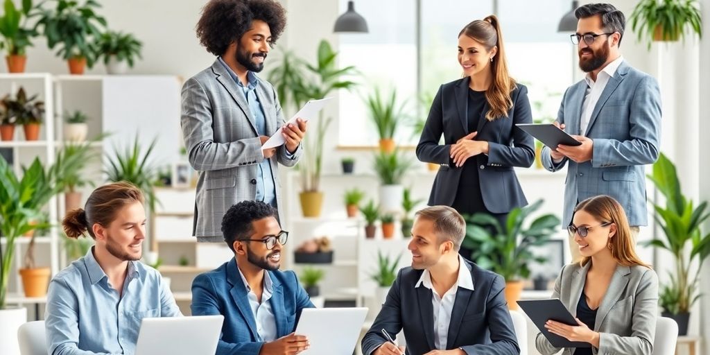 Collage of small business consultants working together in an office.