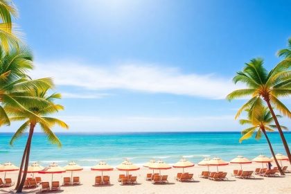 Florida coastline with palm trees and beach umbrellas.