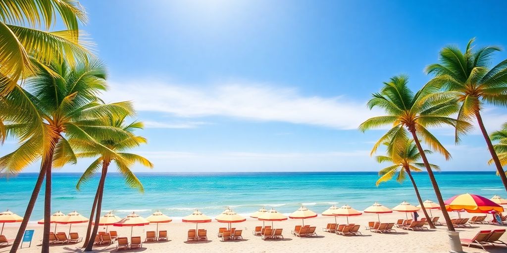 Florida coastline with palm trees and beach umbrellas.