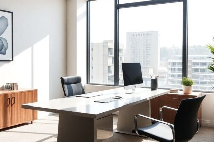 Modern office with desk and computer for virtual business.