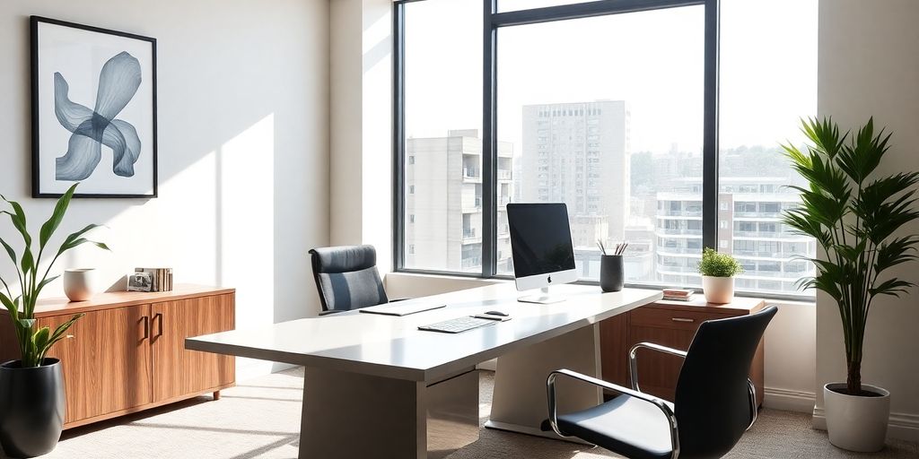 Modern office with desk and computer for virtual business.