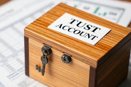 Wooden trust account box with key and financial documents.