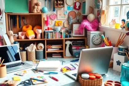 A workspace with handmade crafts and colorful materials.