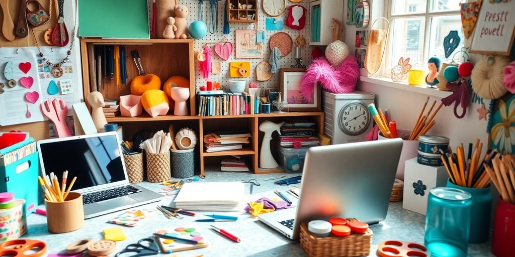 A workspace with handmade crafts and colorful materials.