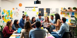 Team collaborating on media strategies in a vibrant workspace.