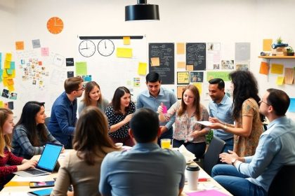 Team collaborating on media strategies in a vibrant workspace.