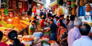 Diverse market scene with people engaging in trading activities.