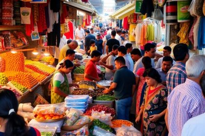 Diverse market scene with people engaging in trading activities.