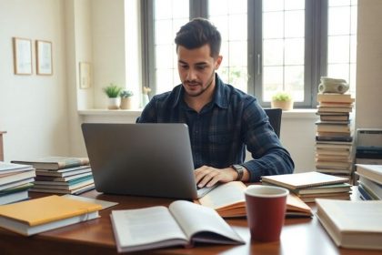 College student studying with laptop and textbooks on desk.