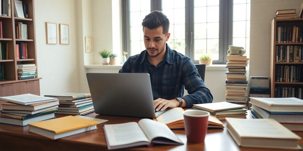 College student studying with laptop and textbooks on desk.