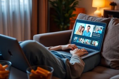 Person watching videos on a laptop with snacks.