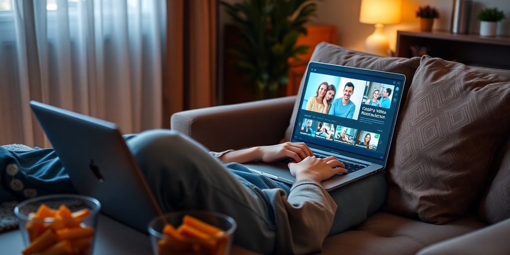 Person watching videos on a laptop with snacks.