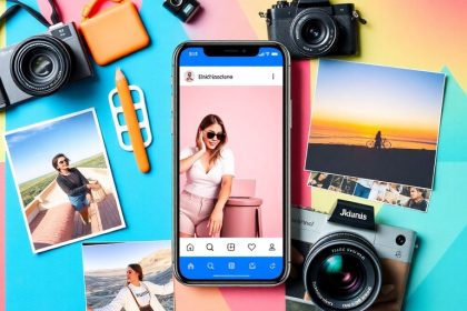 Colorful collage of Instagram elements and influencer lifestyle.