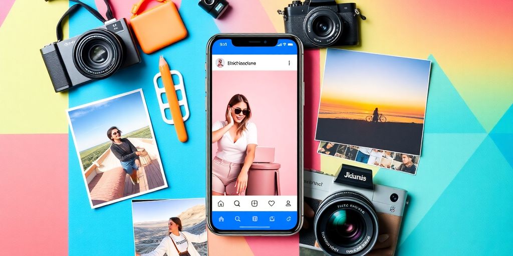 Colorful collage of Instagram elements and influencer lifestyle.