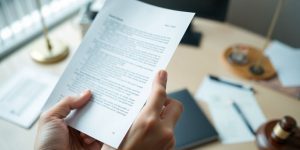 Hand holding a document in an office setting.