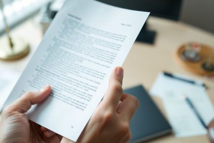 Hand holding a document in an office setting.