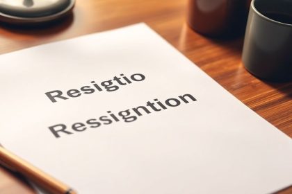 Close-up of resignation letter on wooden desk with coffee.