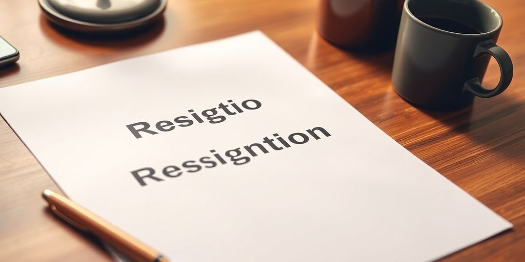 Close-up of resignation letter on wooden desk with coffee.