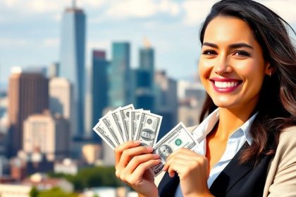 Confident woman holding cash with city skyline background.