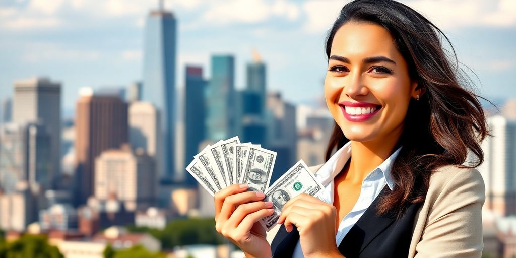 Confident woman holding cash with city skyline background.